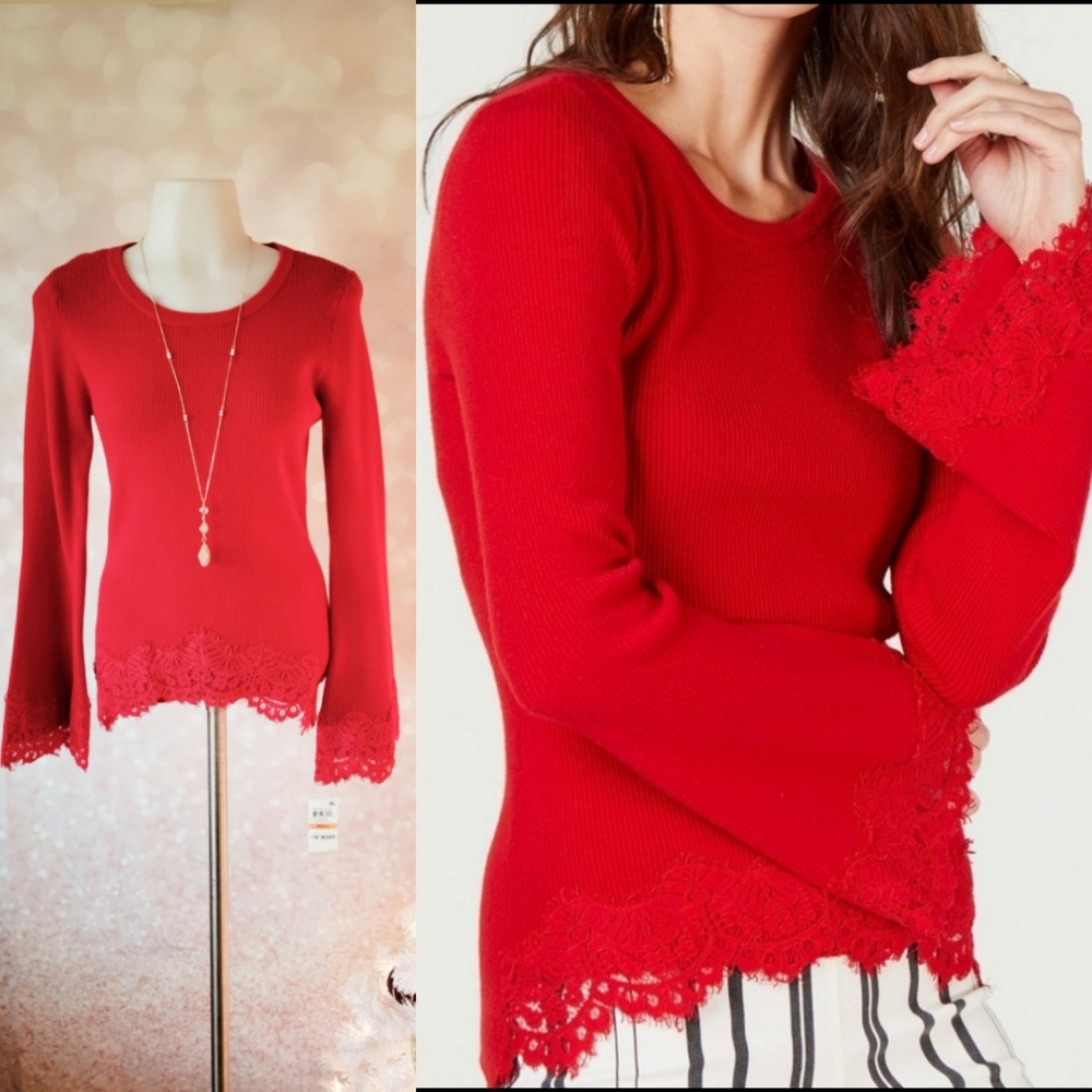 INC Lace Trim Bell Sleeves Sweater